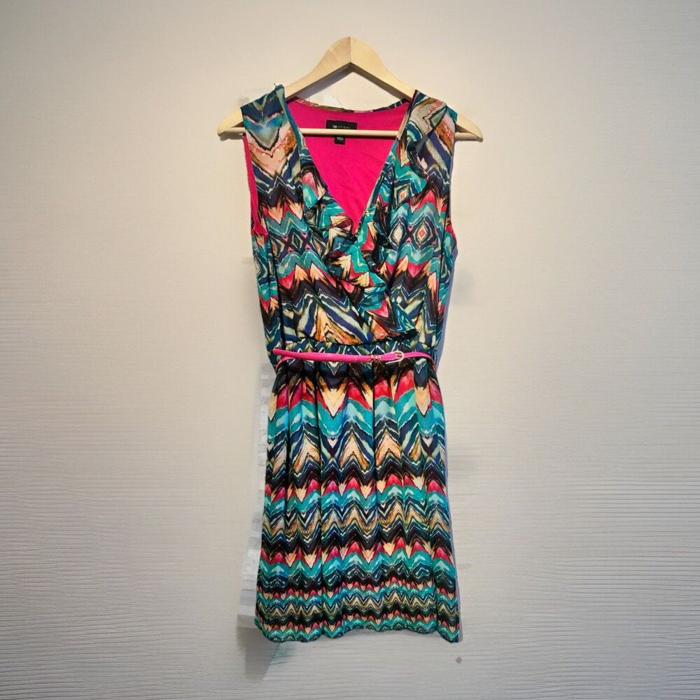 AB Studio Dress Medium Sleeveless Chevron Abstract Belted V Neck Summer